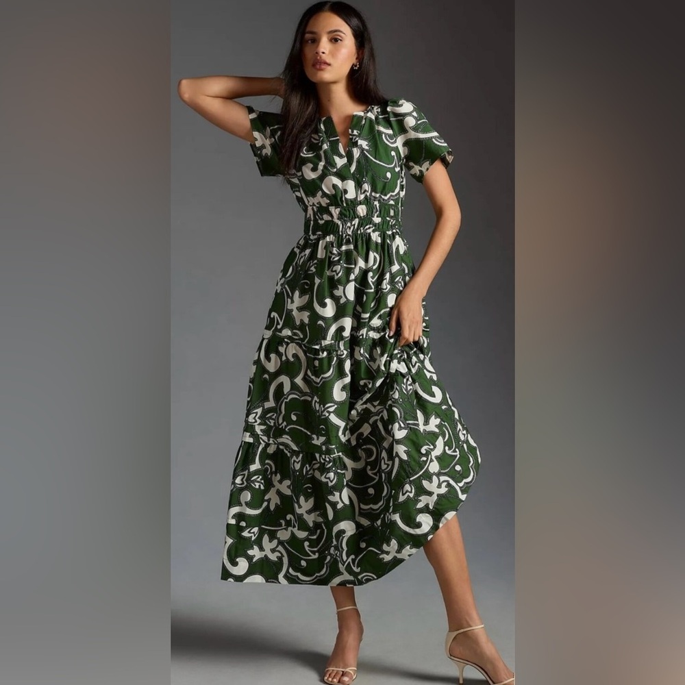 Anthropologie Somerset Green Motif tiered maxi dress Cotton Size S NWT *C*